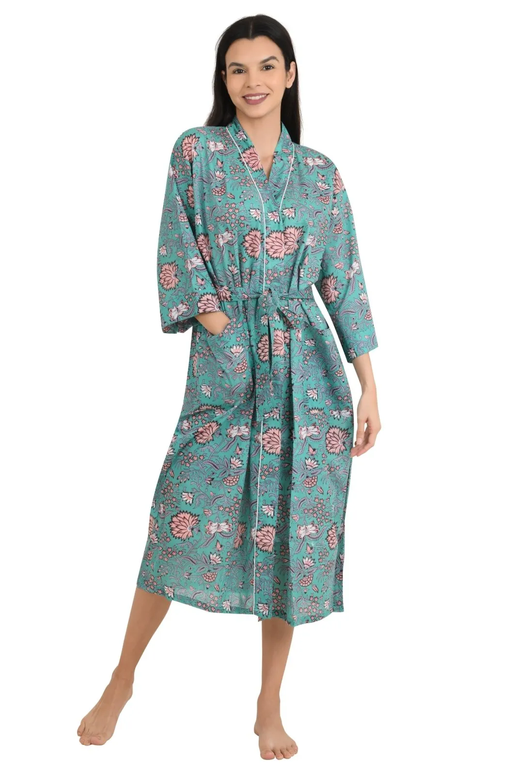 Boho Cotton Kimono House Robe Indian Handprinted Floral Print Pattern | Lightweight Summer Luxury Beach Holidays Yacht Cover Up Stunning Dress