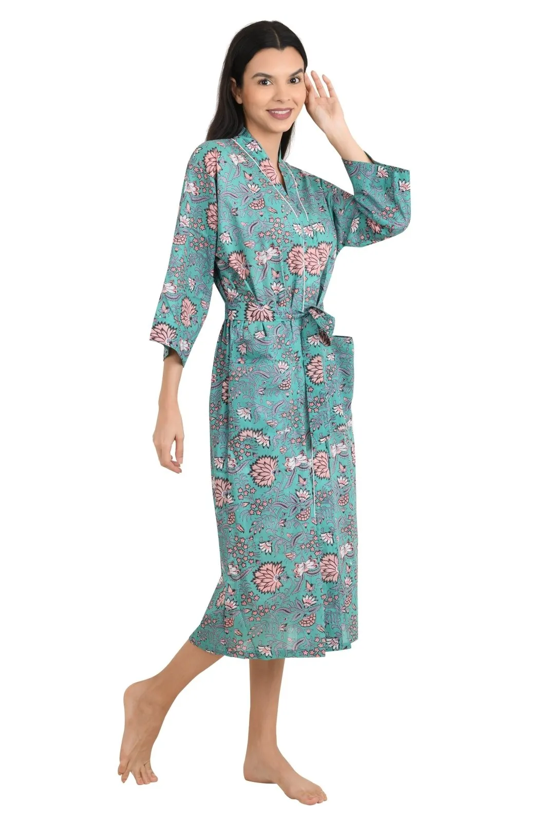 Boho Cotton Kimono House Robe Indian Handprinted Floral Print Pattern | Lightweight Summer Luxury Beach Holidays Yacht Cover Up Stunning Dress