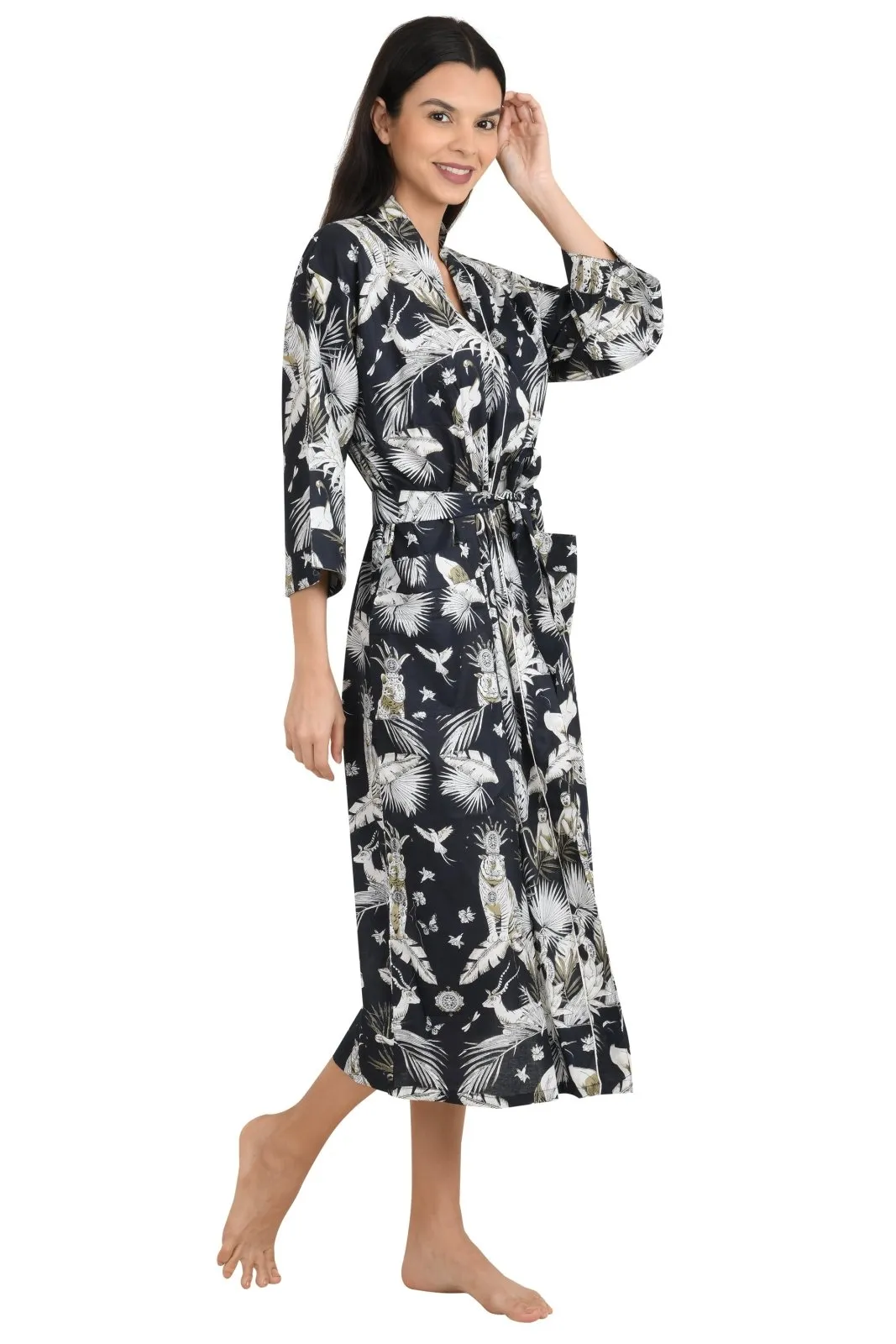 Boho Cotton Kimono House Robe Indian Handprinted Jungle Print Pattern | Lightweight Summer Luxury Beach Holidays Yacht Cover Up Stunning Dress