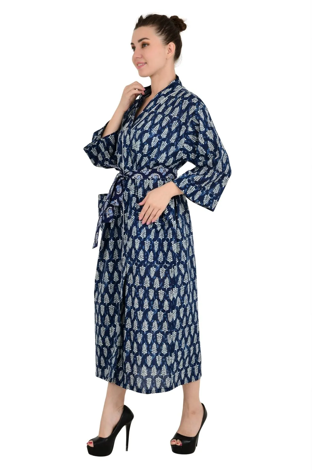 Boho Cotton Kimono House Robe Indian Handprinted Leaf Print Pattern | Lightweight Summer Luxury Beach Holidays Yacht Cover Up Stunning Dress