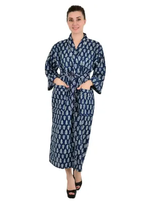 Boho Cotton Kimono House Robe Indian Handprinted Leaf Print Pattern | Lightweight Summer Luxury Beach Holidays Yacht Cover Up Stunning Dress