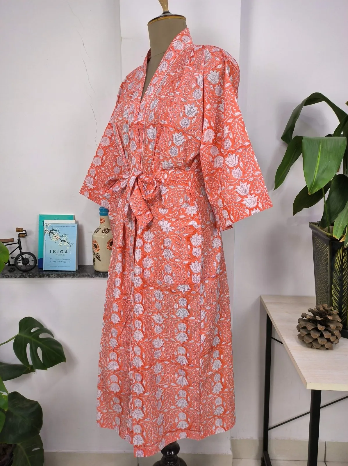 Boho Cotton Kimono House Robe Indian Handprinted Pink Sunrise Orange Bagh | Lightweight Summer Luxury Beach Holiday Cover Up Stunning Dress