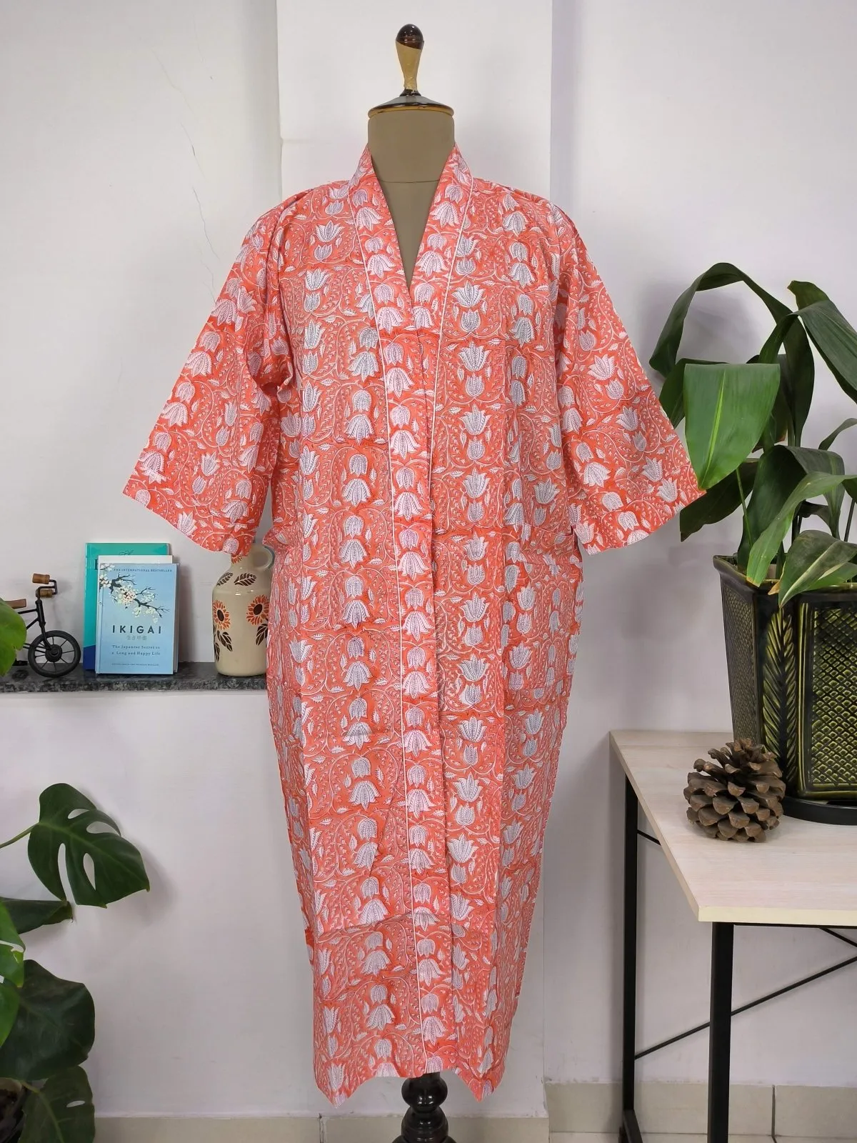 Boho Cotton Kimono House Robe Indian Handprinted Pink Sunrise Orange Bagh | Lightweight Summer Luxury Beach Holiday Cover Up Stunning Dress