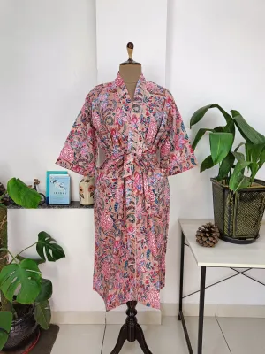 Boho Cotton Kimono House Robe Indian Handprinted Quick Sand Floral | Lightweight Summer Luxury Beach Holidays Yacht Cover Up Stunning Dress