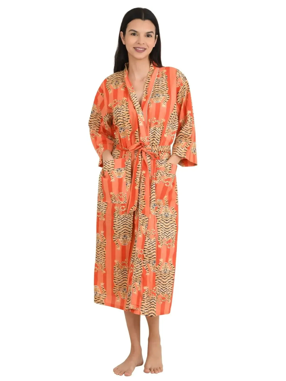 Boho Cotton Kimono House Robe Indian Handprinted Strips Cheetah Pattern | Lightweight Summer Luxury Beach Holidays Yacht Cover Up Stunning Dress