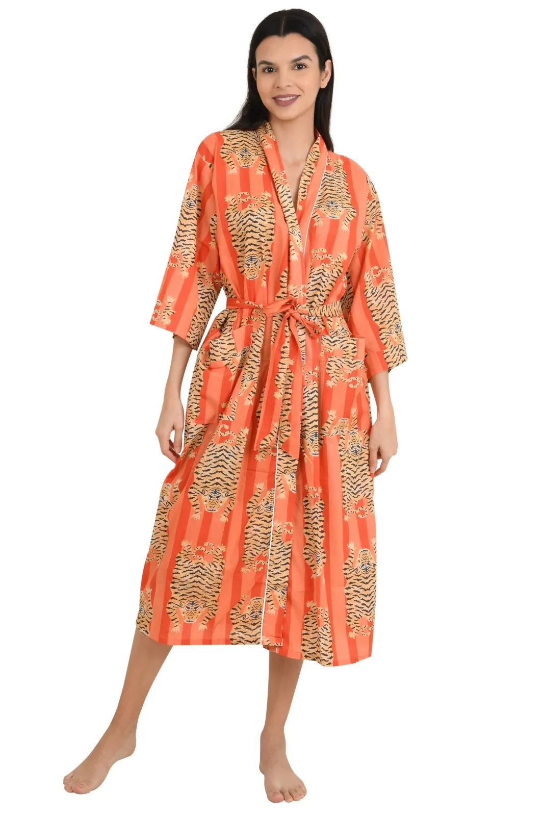 Boho Cotton Kimono House Robe Indian Handprinted Strips Cheetah Pattern | Lightweight Summer Luxury Beach Holidays Yacht Cover Up Stunning Dress