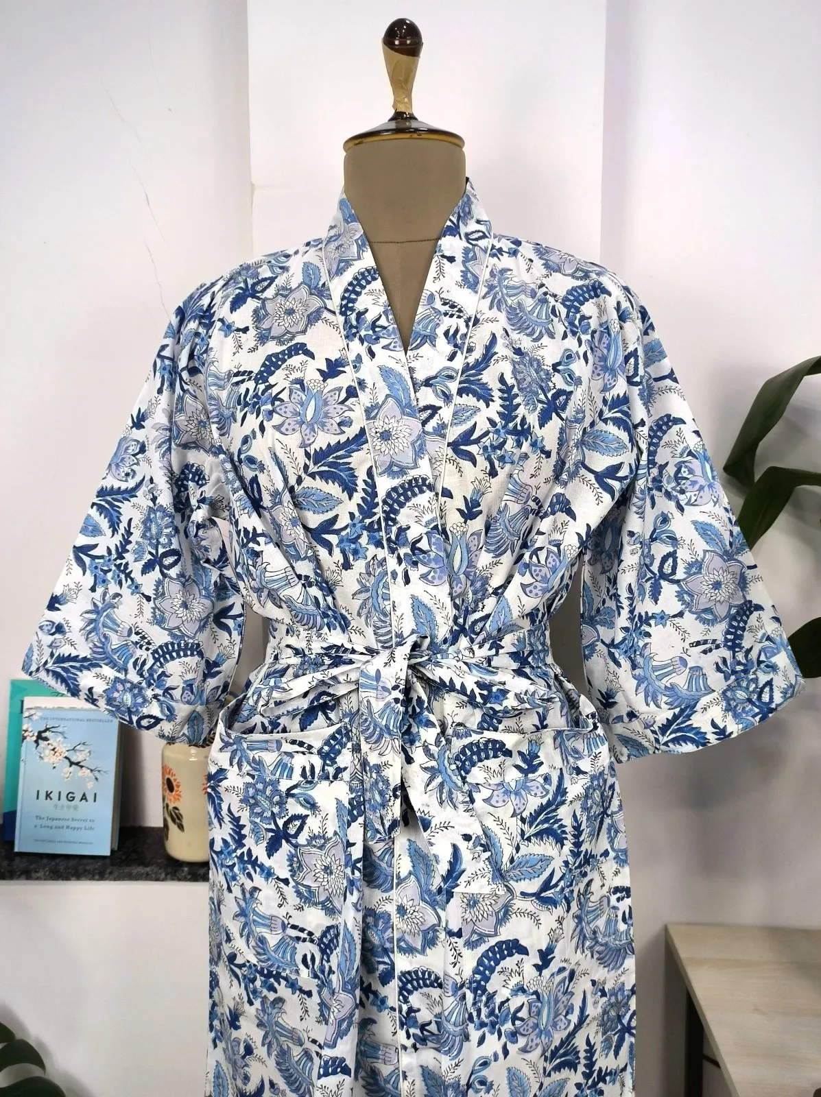 Boho Cotton Kimono House Robe Indian Handprinted White Indigo Botanical | Lightweight Summer Luxury Beach Holiday Cover Up Stunning Dress