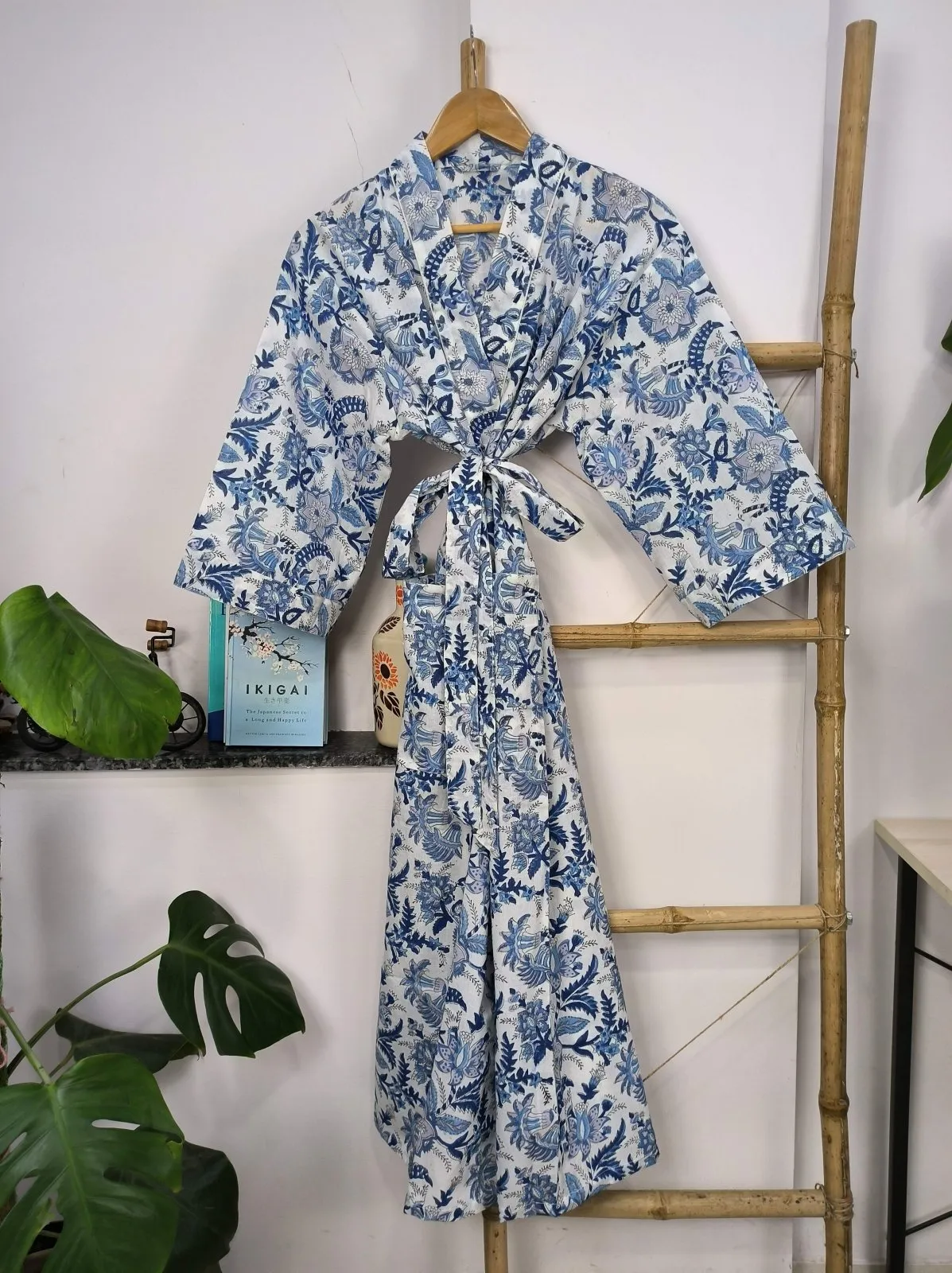 Boho Cotton Kimono House Robe Indian Handprinted White Indigo Botanical | Lightweight Summer Luxury Beach Holiday Cover Up Stunning Dress