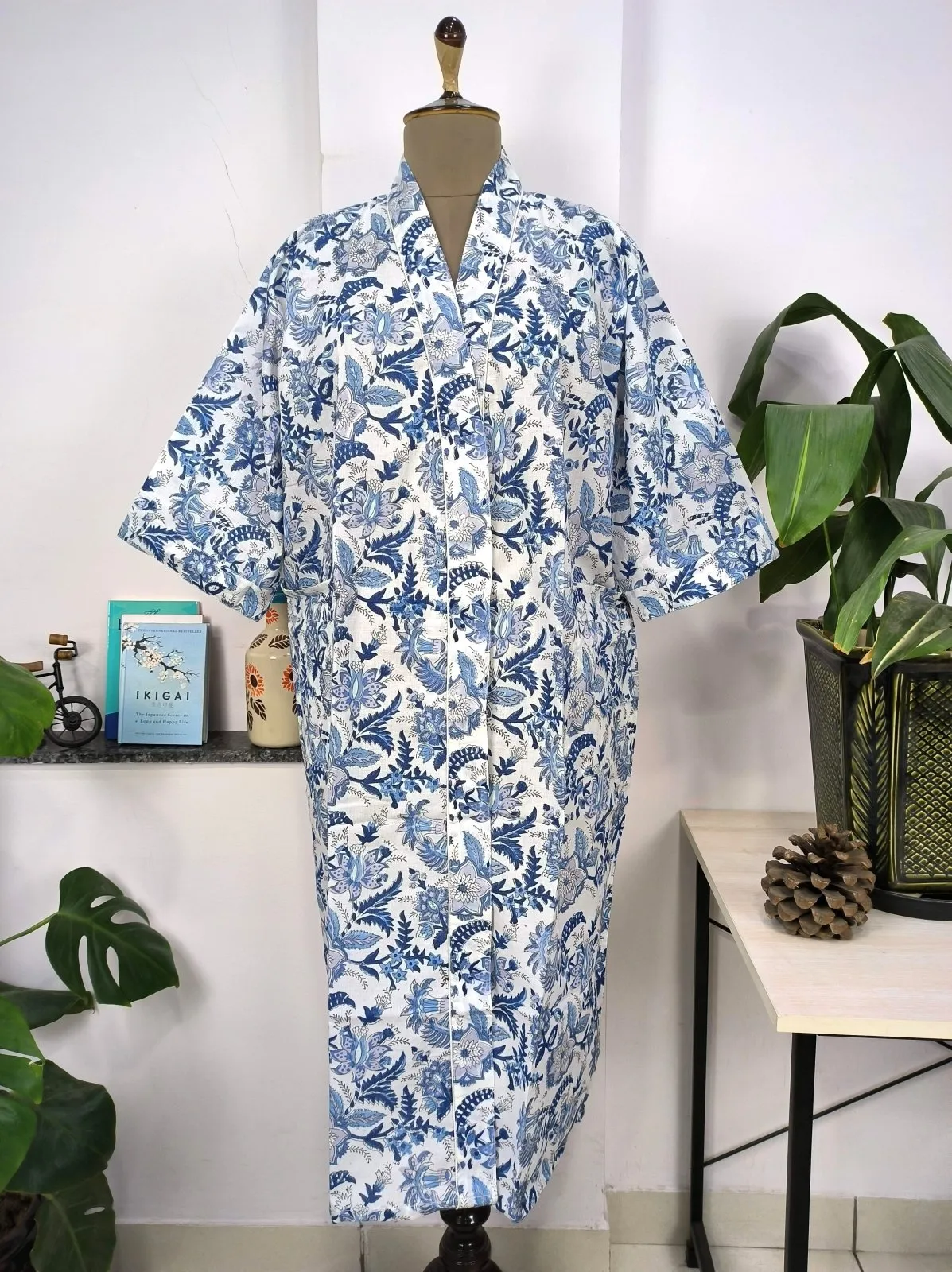 Boho Cotton Kimono House Robe Indian Handprinted White Indigo Botanical | Lightweight Summer Luxury Beach Holiday Cover Up Stunning Dress