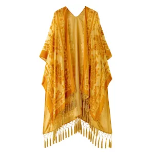 Boho Gold Burnout Velvet Kimono long Shawl with Tassel Beach Cover-up Luxury Shawl