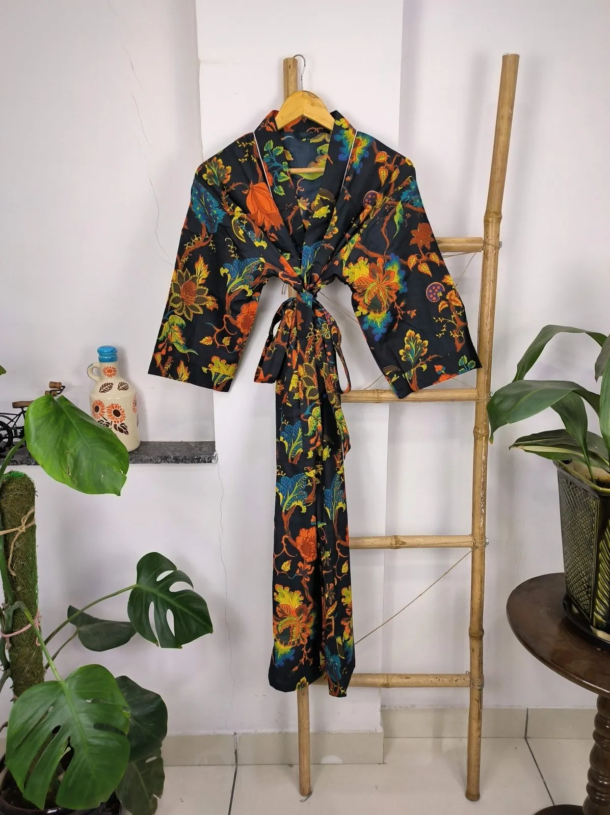 Boho House Robe Indian Handprinted Cotton Kimono Botanical Patter | Perfect for Summer Luxury Beach Holidays Yacht Cover Up Stunning Dress