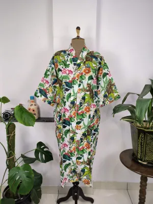 Boho House Robe Indian Handprinted Cotton Kimono Jungle Monkey Print | Perfect for Summer Luxury Beach Holiday Yacht Cover Up Stunning Dress