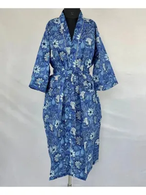 Boho House Robe Summer Kimono Pure Cotton India Hand Block, Her Anniversary Gift Beach Coverup/Comfy Maternity Mom | Blue Hues Botanical