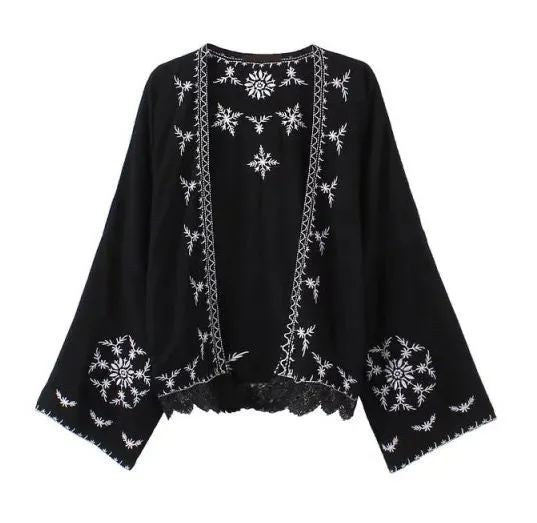 Boho Kimono Black With White Embroidery Or White With Red Embroidery Or White With Black Embroidery You Choose Lace Hem For Free Spirited People One Size