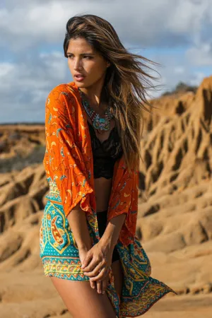 Boho Kimono "Kamisha" Orange And Turquoise Blue Crescent Moon India Print Sizes Small Medium Or Large