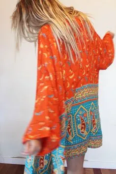 Boho Kimono "Kamisha" Orange And Turquoise Blue Crescent Moon India Print Sizes Small Medium Or Large