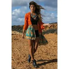 Boho Kimono "Kamisha" Orange And Turquoise Blue Crescent Moon India Print Sizes Small Medium Or Large