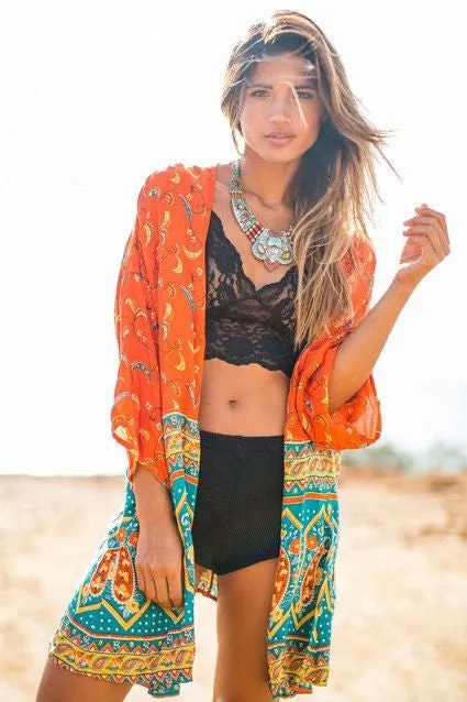 Boho Kimono "Kamisha" Orange And Turquoise Blue Crescent Moon India Print Sizes Small Medium Or Large