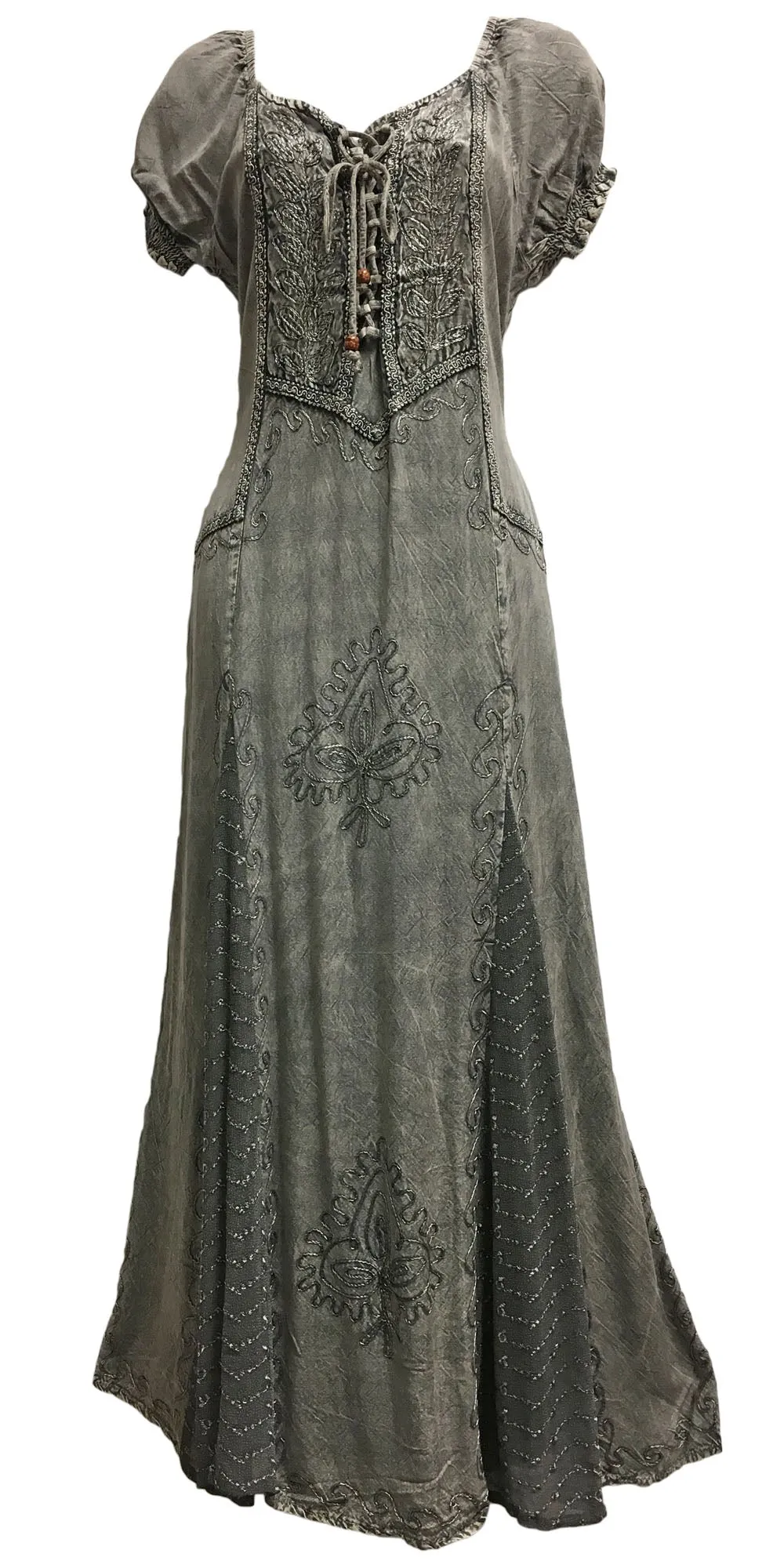 Boho Puffed Sleeve Stonewashed Embroidered Renaissance Corset Long Dress