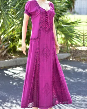 Boho Puffed Sleeve Stonewashed Embroidered Renaissance Corset Long Dress