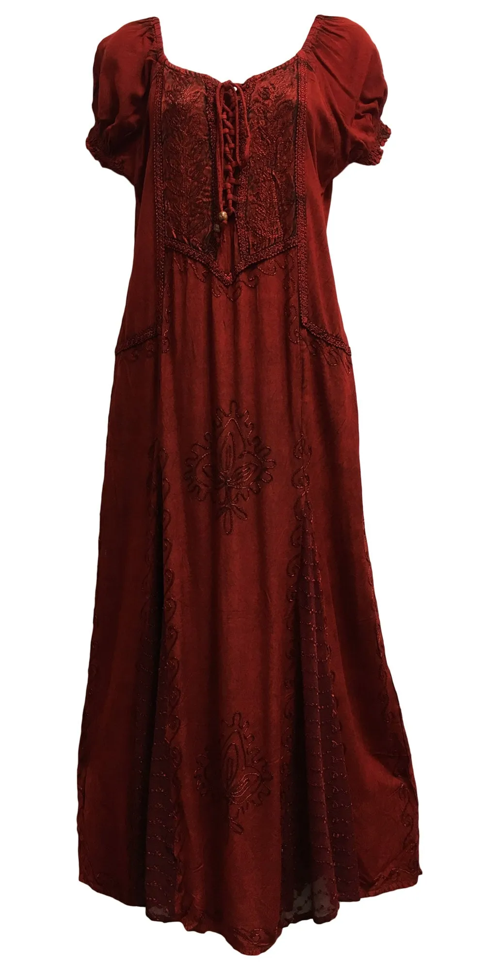 Boho Puffed Sleeve Stonewashed Embroidered Renaissance Corset Long Dress