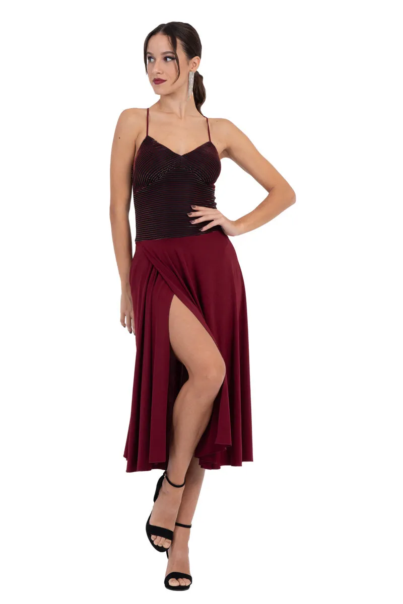 Burgundy Lamé Fit & Flare Tango Dress With Spaghetti Straps