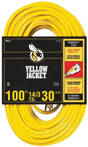 CCI 2888 Extension Cord, 14 AWG Cable, 100 ft L, 13 A, 125 V, Yellow :EA: QUANTITY: 1