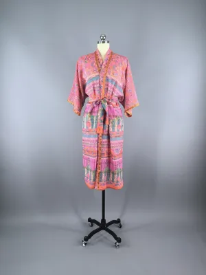 Chiffon Sari Robe / Coral Pink Green Floral