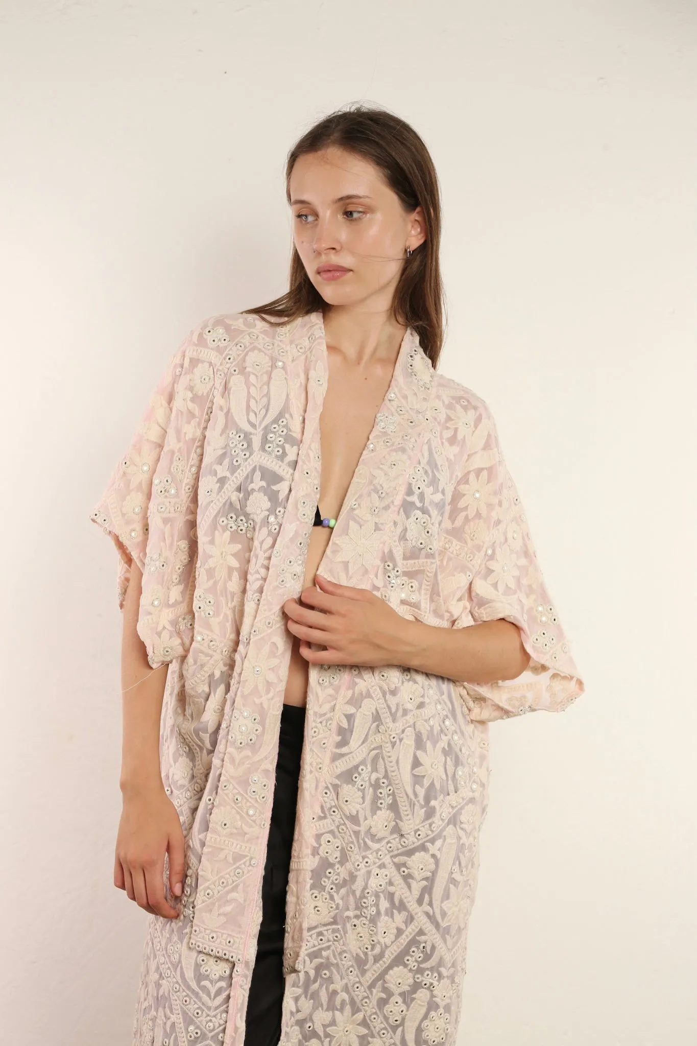 CLEMATIS LIGHT PINK CHIFFON SILK KIMONO