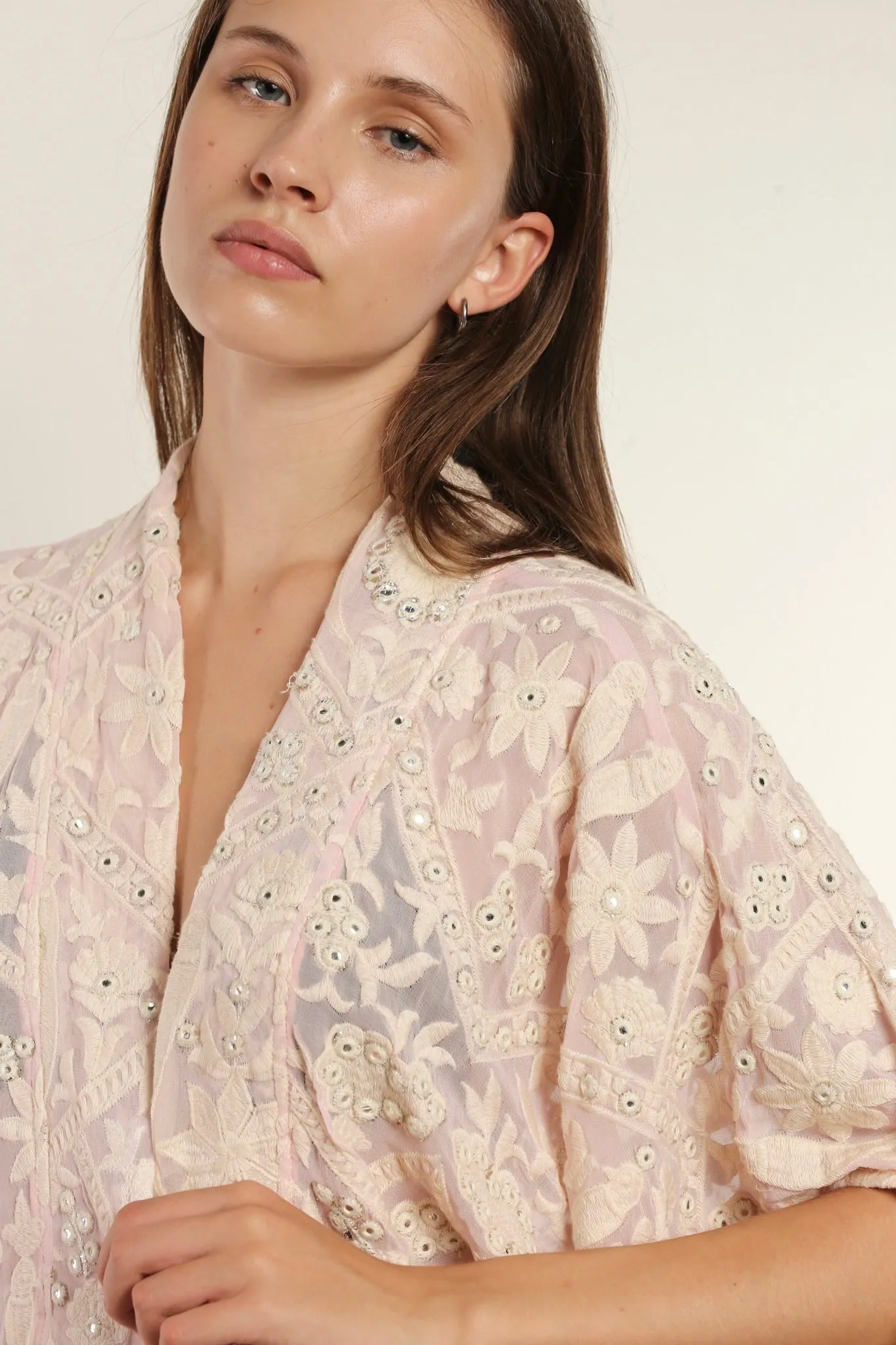 CLEMATIS LIGHT PINK CHIFFON SILK KIMONO