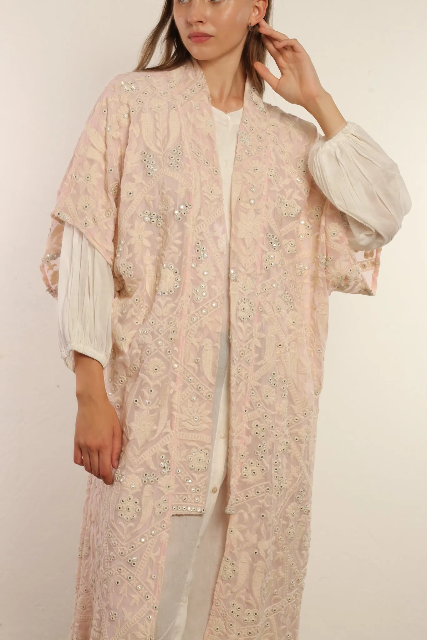 CLEMATIS LIGHT PINK CHIFFON SILK KIMONO