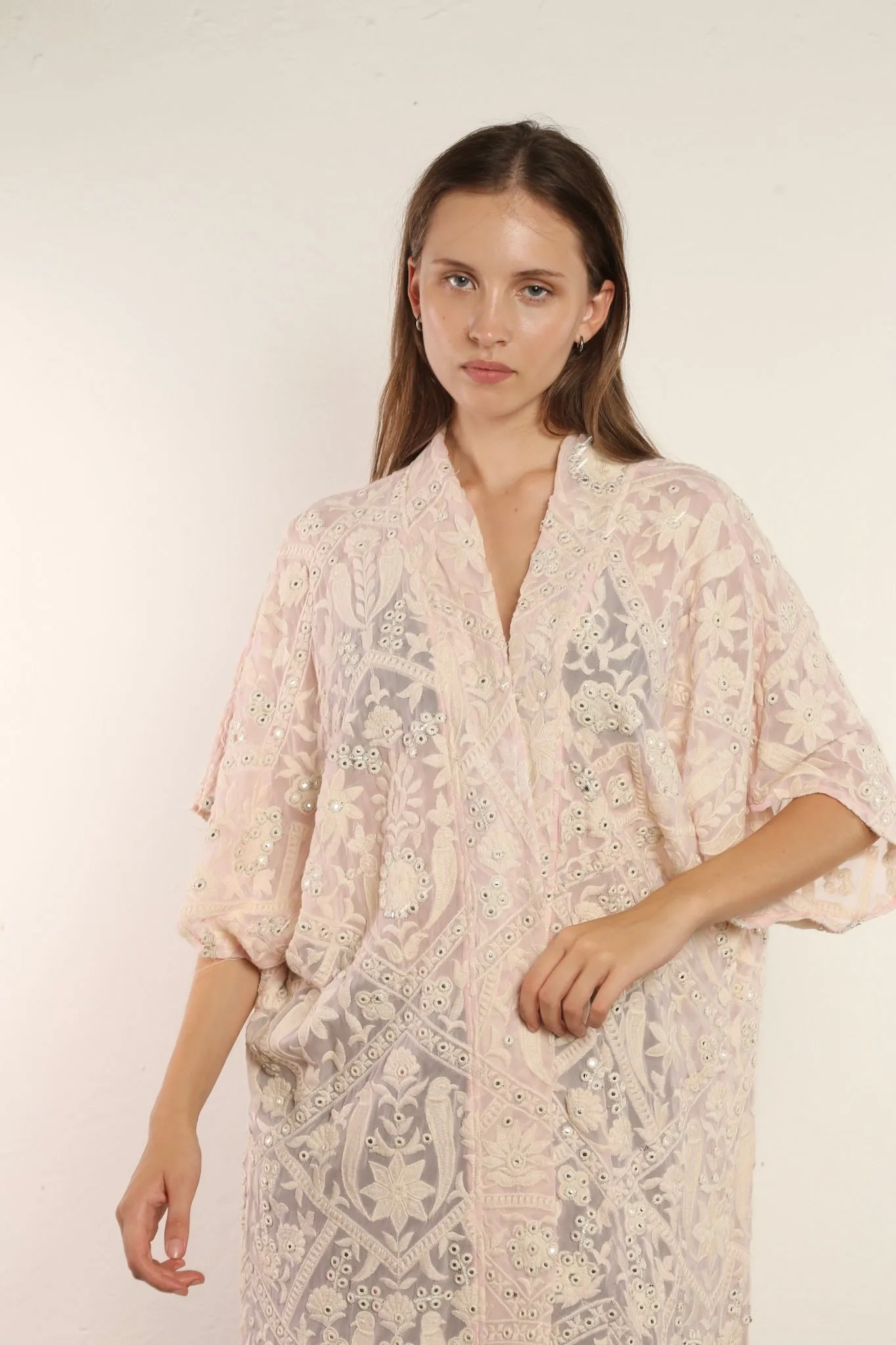 CLEMATIS LIGHT PINK CHIFFON SILK KIMONO