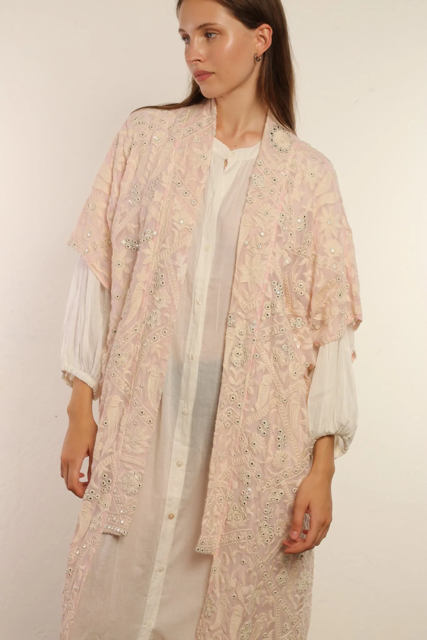 CLEMATIS LIGHT PINK CHIFFON SILK KIMONO