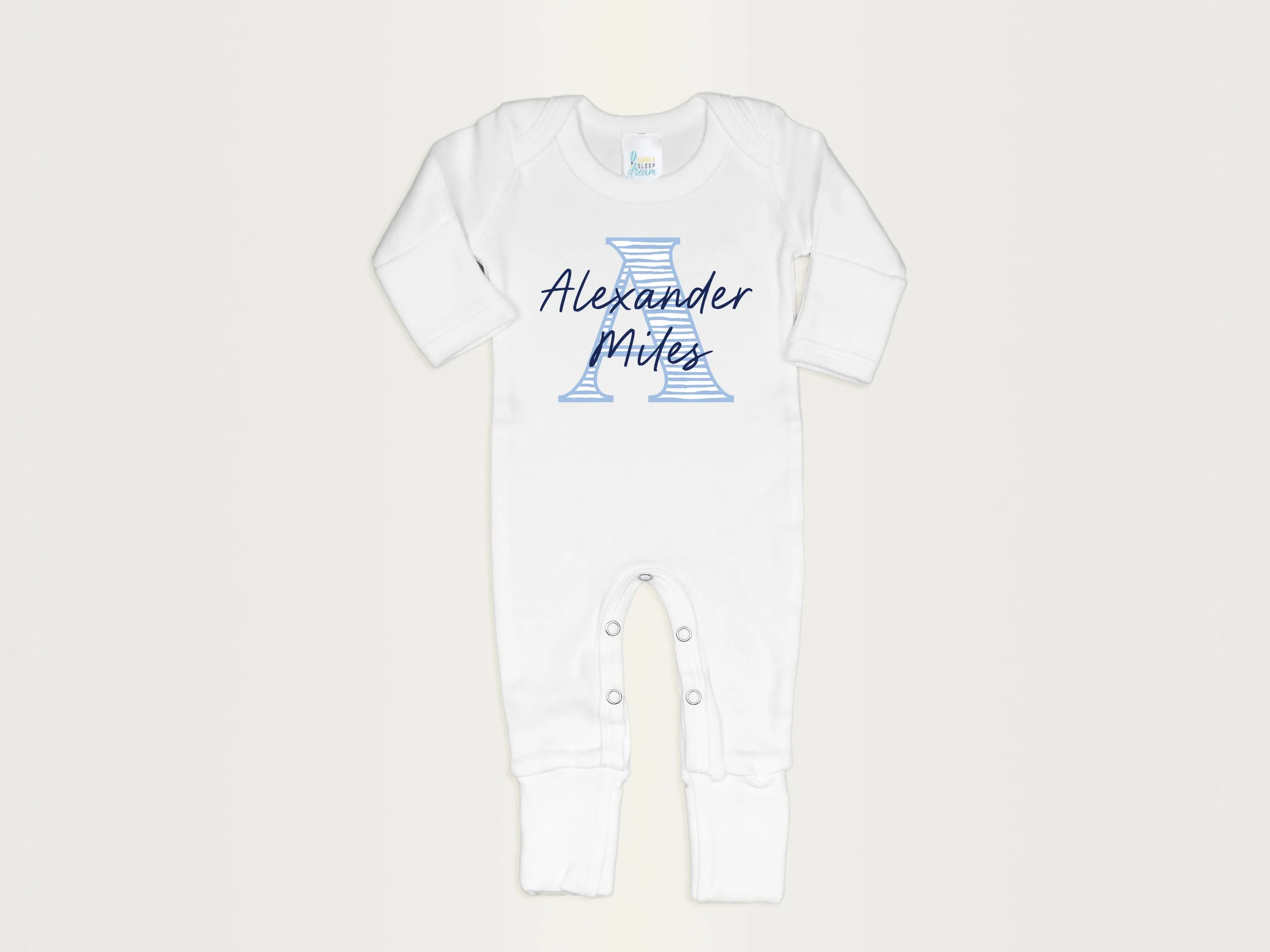 Cloud Stripe Initial Romper & Hat | White