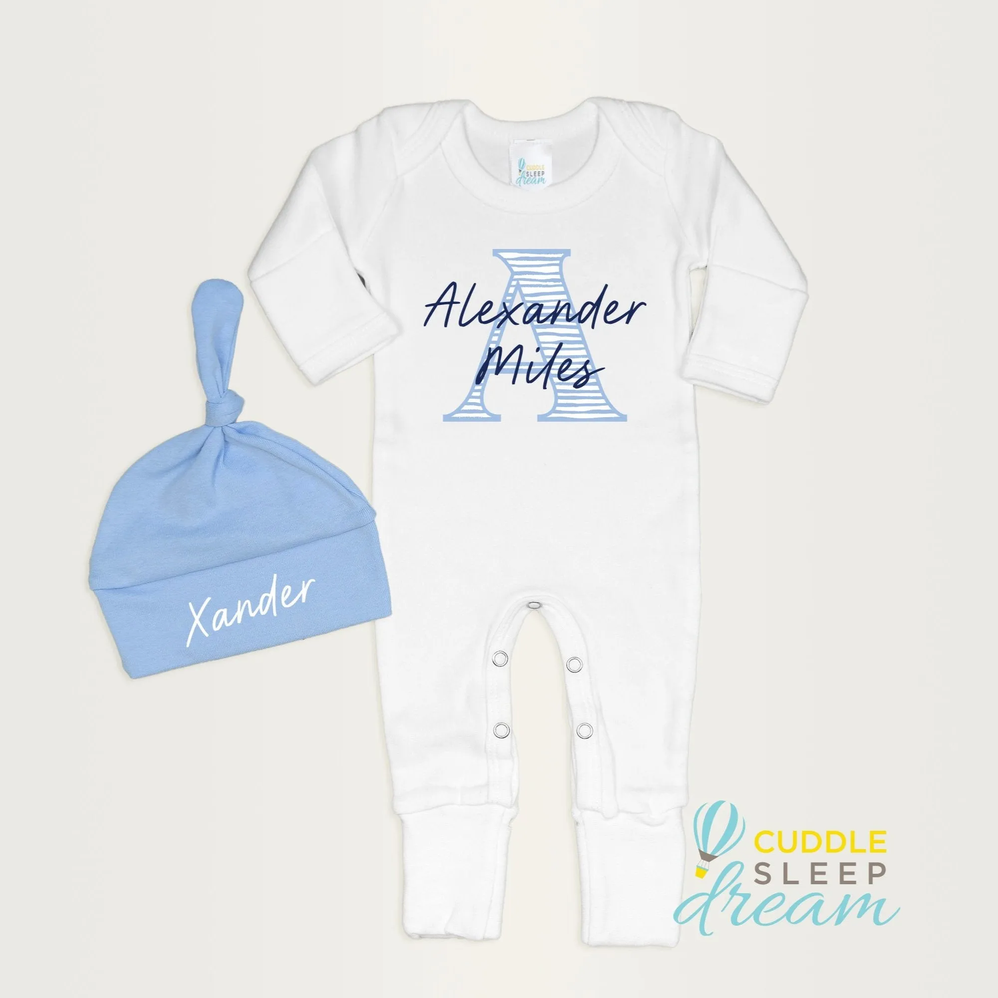 Cloud Stripe Initial Romper & Hat | White