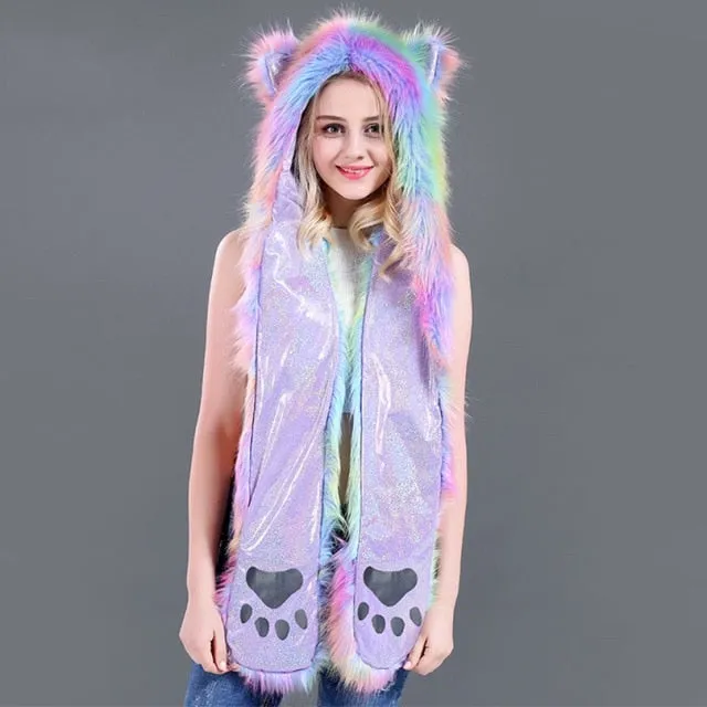 Colorful Winter Faux Fur Hat Ear Flaps with Pockets for Winter Raves