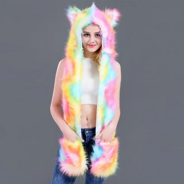 Colorful Winter Faux Fur Hat Ear Flaps with Pockets for Winter Raves