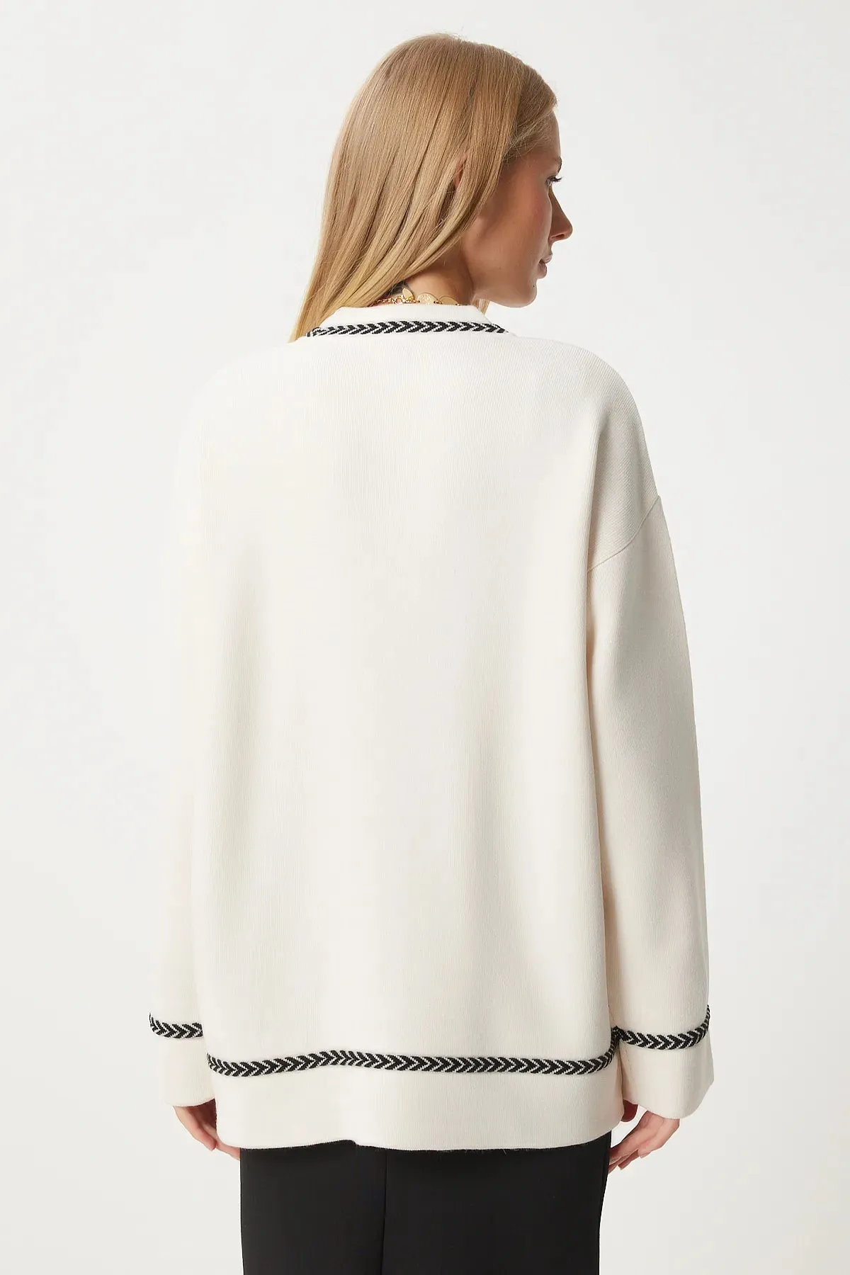 Cream Contrast Detail Pocket Long Knit Cardigan