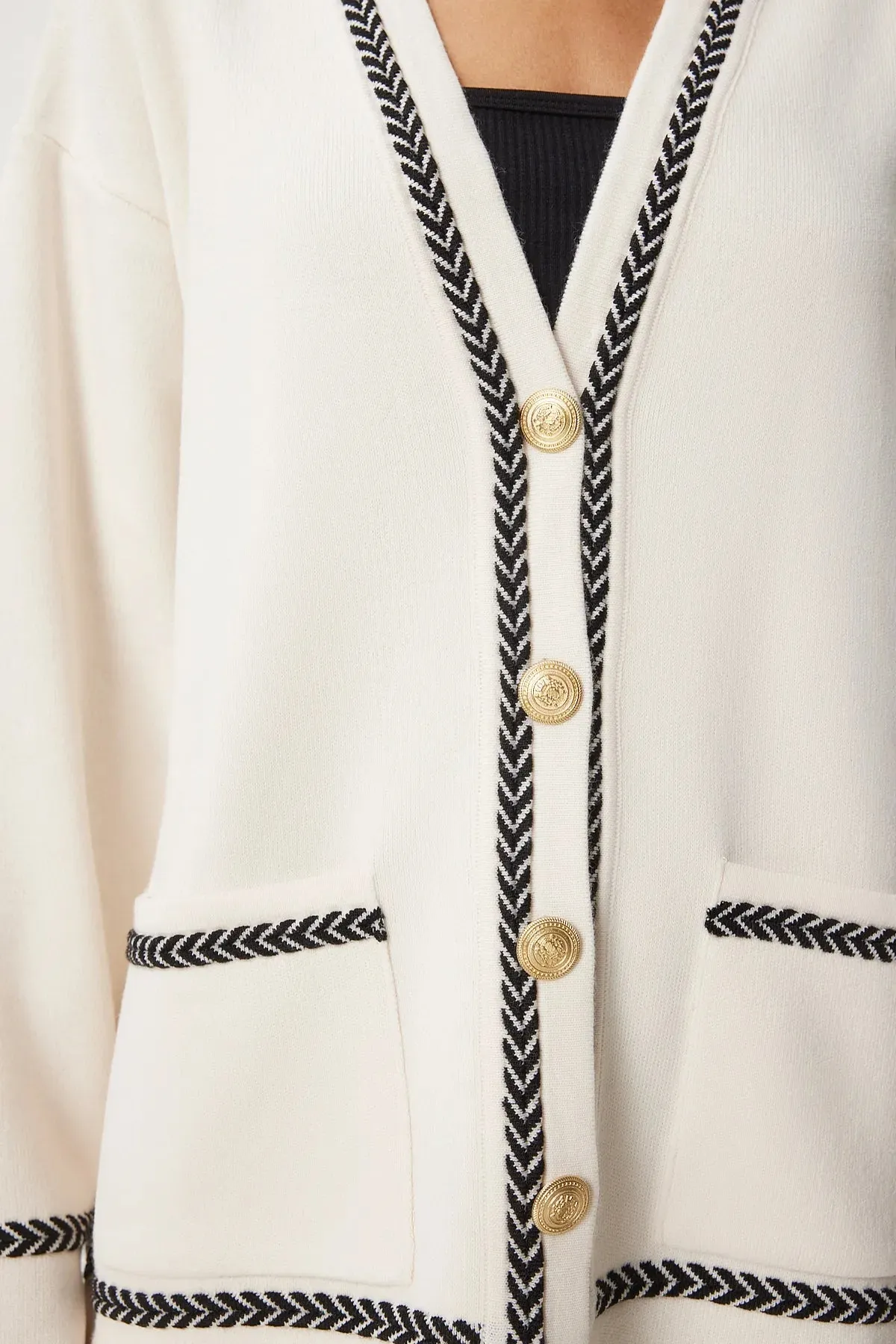 Cream Contrast Detail Pocket Long Knit Cardigan