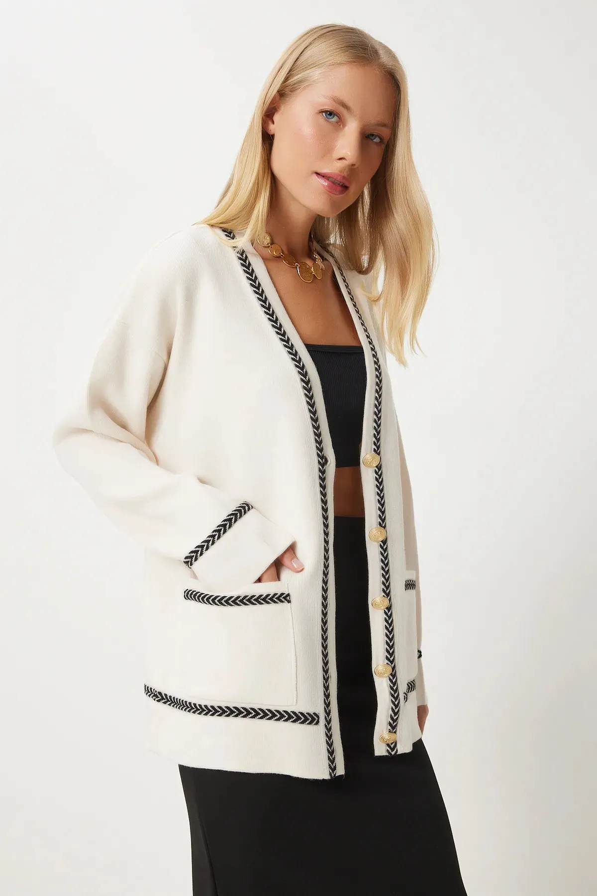 Cream Contrast Detail Pocket Long Knit Cardigan