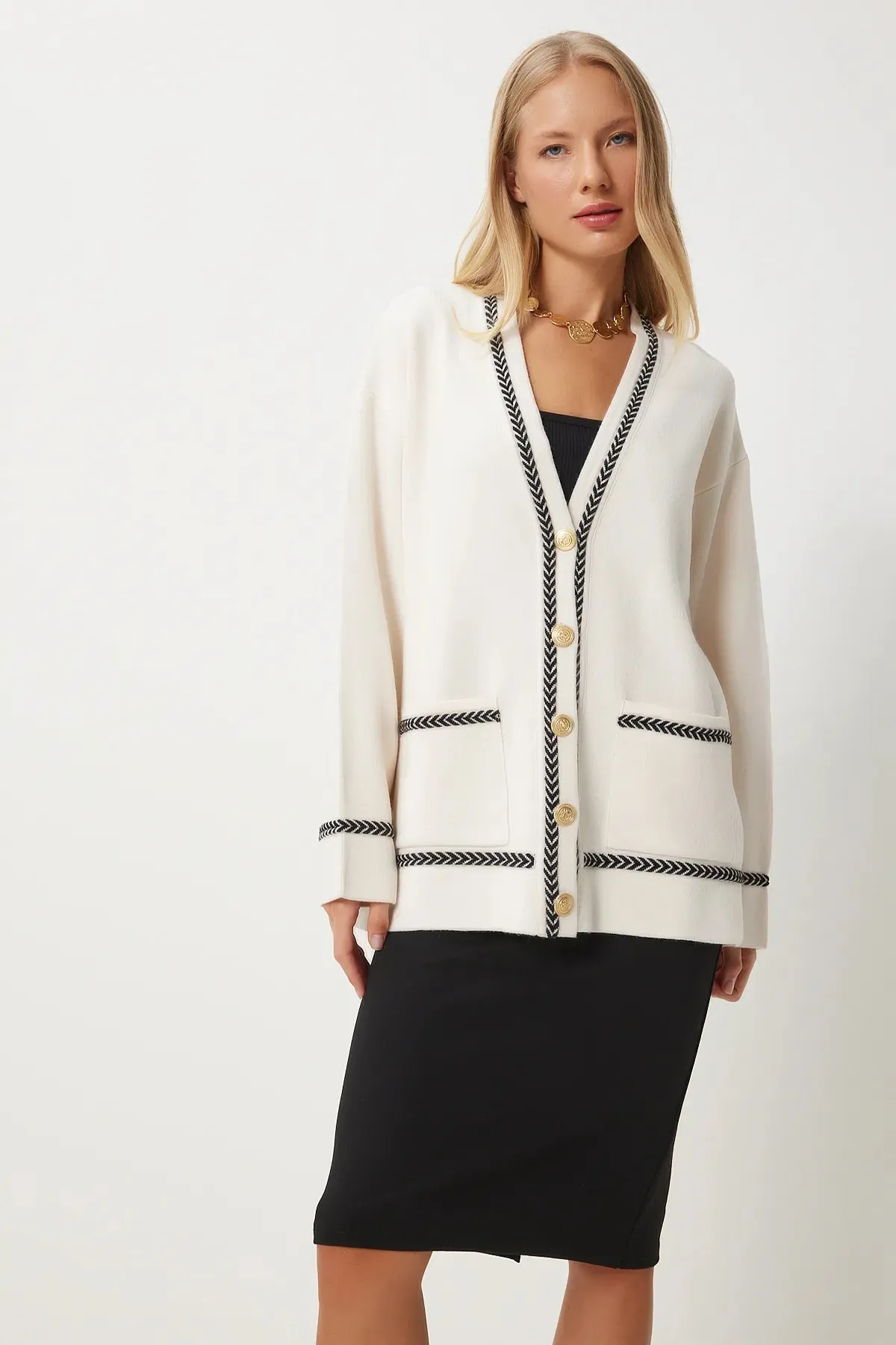 Cream Contrast Detail Pocket Long Knit Cardigan