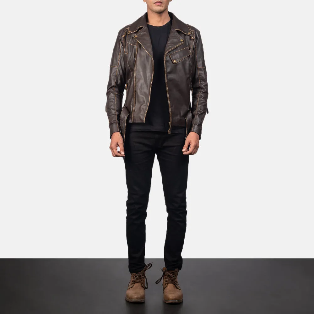 Distressed Brown Leather Biker Jacket