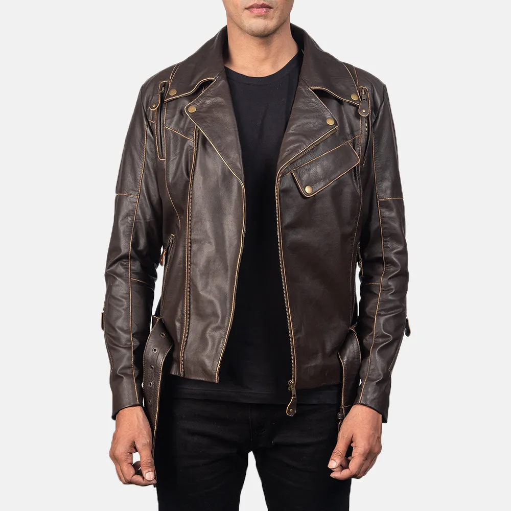 Distressed Brown Leather Biker Jacket