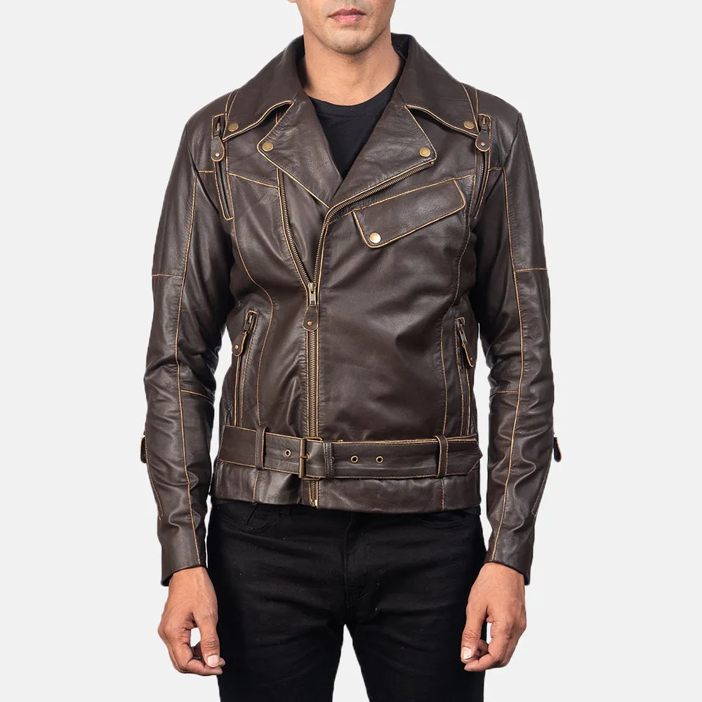 Distressed Brown Leather Biker Jacket