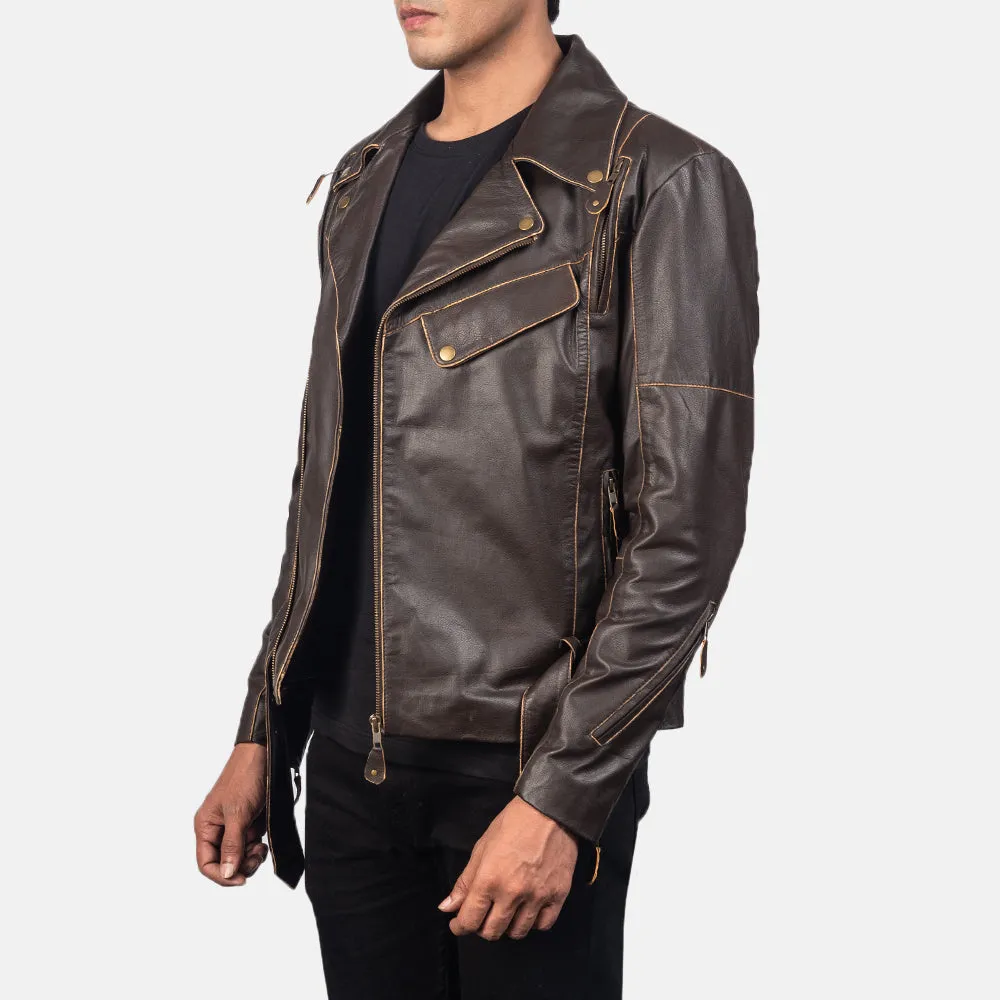 Distressed Brown Leather Biker Jacket