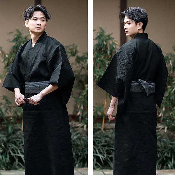 Elegant Black Men’s Kimono Set – Traditional Japanese Robe with Obi Belt