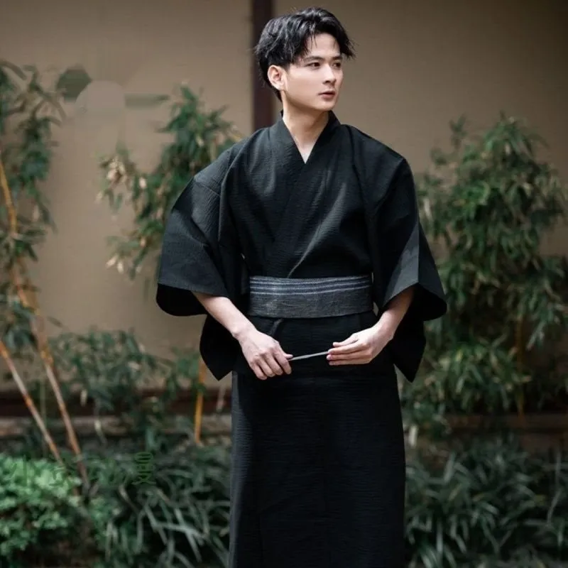 Elegant Black Men’s Kimono Set – Traditional Japanese Robe with Obi Belt