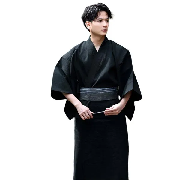 Elegant Black Men’s Kimono Set – Traditional Japanese Robe with Obi Belt