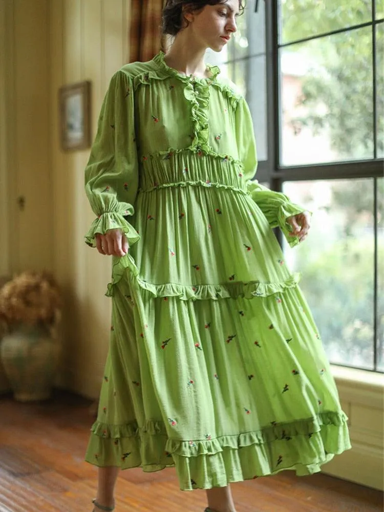 Elise Elegant Embroider Floral Green Dress Vintage Victoria Ruffles Big Swing Maxi Dress