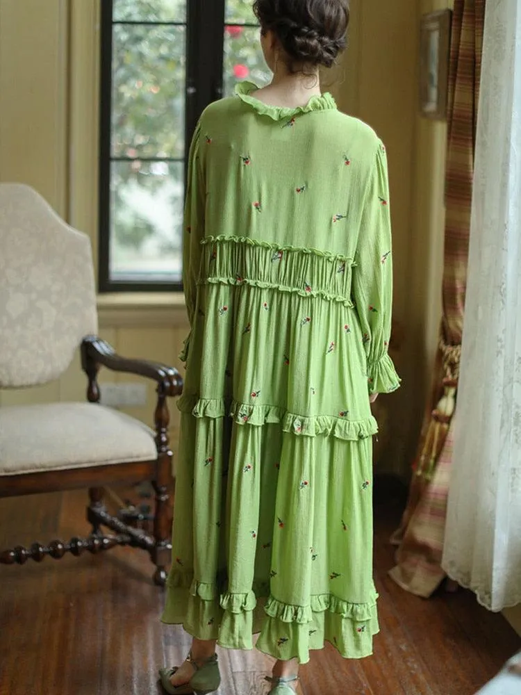 Elise Elegant Embroider Floral Green Dress Vintage Victoria Ruffles Big Swing Maxi Dress